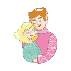 Pair - family. Man and woman. Winter warm knitted sweaters. Cartoon people. Isolated vector objects on white background.