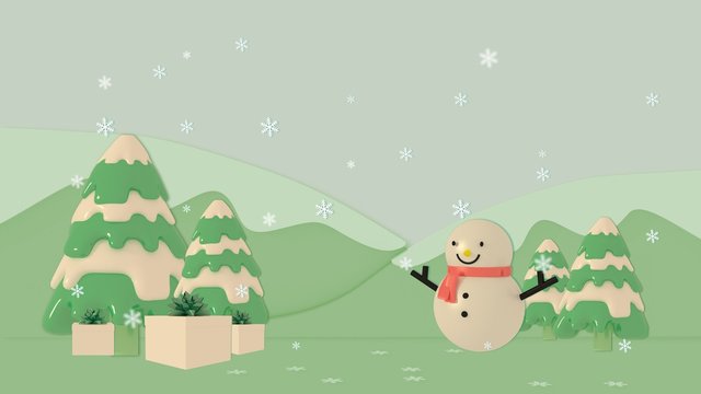 Snowman and gift box in a pine tree garden, 3D rendering, 3D illustrators