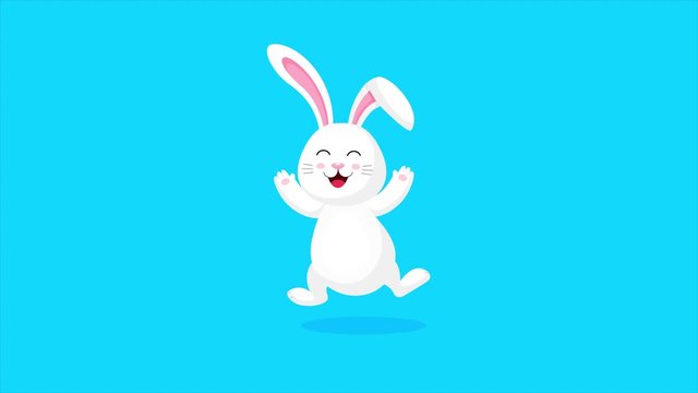 White rabbit jumping and dancing . Cartoon character design. Easter holiday concept. Animation on blue background.
