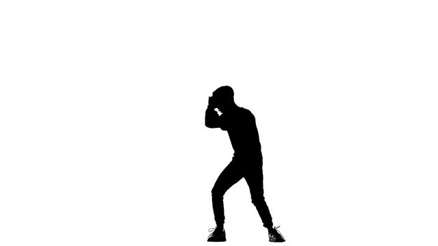black silhouette on a white background, guy dancing break dance, street dancing, isolated