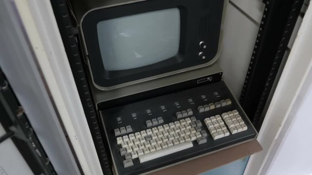 Top View Of Old CRT monitor, keyboard and workstation. Retro style.