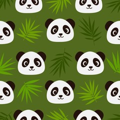 A seamless pattern with bamboo leaves and smiling panda face. Cute animal. Wrapping and fabric print. Colorful backdrop vector