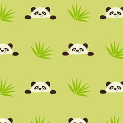 A seamless pattern with bamboo leaves and smiling panda face. Cute animal. Wrapping and fabric print. Colorful backdrop vector