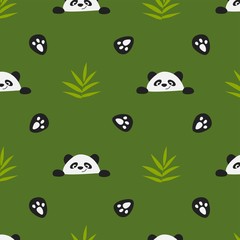 A seamless pattern with bamboo leaves, panda face and traces. Cute animal. Wrapping and fabric print. Colorful backdrop vector