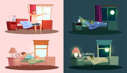 Sleep and awakening flat vector illustrations set