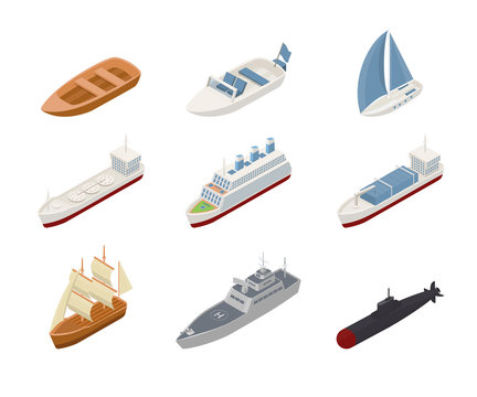 Sea transport isometric vector illustrations set