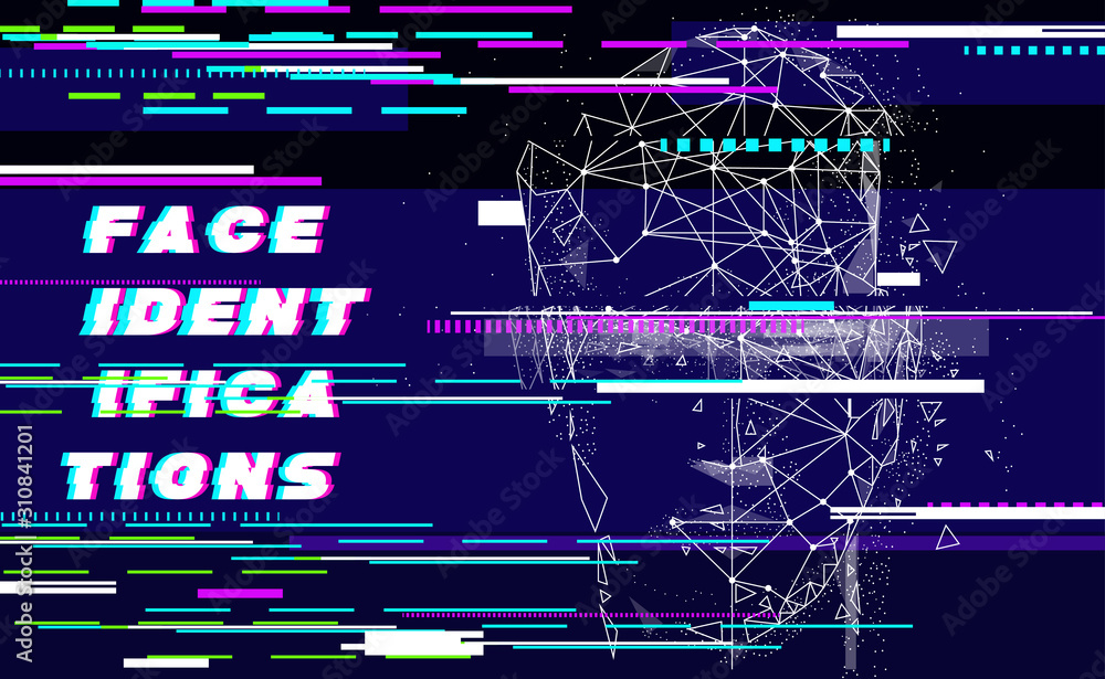 Poster glitch face id technology. trendy future touch scanning systems. innovations systems identifications