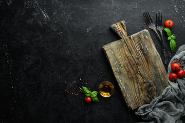 Food banner. Vegetables, spices and herbs. Flat lay. Top view. Free copy space.