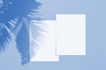 Blank white vertical paper sheet 5x7 inches with palm shadow overlay. Modern and stylish greeting card or wedding invitation mock up. Color of the year 2020 classic blue