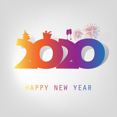 Simple Colorful New Year Card, Cover or Background Design Template With Christmas Tree, Gift Box, Drinking Glasses And Fireworks - 2020