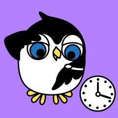 emoticon with a funny penguin who stands and looks at his watch, vector color clip art on isolated background