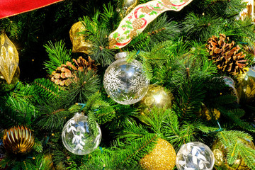 Closeup Christmas tree and decoration with ball background