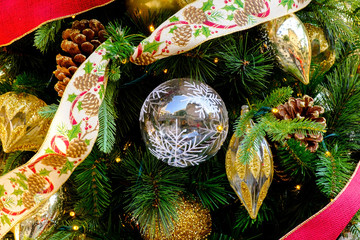 Closeup Christmas tree and decoration with ball background