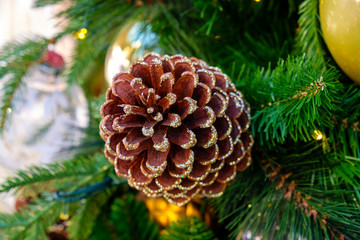 Pine Cones on Christmas tree background