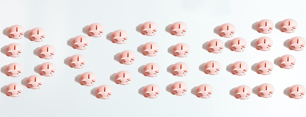 dollar word written with piggy Banks on White background, top view
