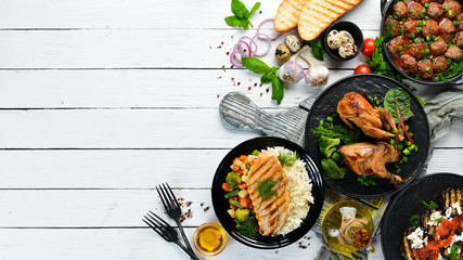 Food. A set of delicious dishes and delicacies. Flat lay. Top view. Free copy space.