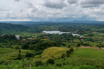 Obraz premium beautiful blue sky high peak mountains mist fog wildlife green forest at Khao Koh, Phu Tub Berk, Phetchabun, Thailand guiding idea long weekend for backpacker camping campfire relaxing hiking
