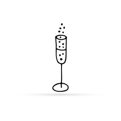 Doodle line icon. Sketch wedding toast, wine glasses. Silhouette champagne with bubbles for illustration of alcoholic drinks, sparkling wine and celebration. Symbol romantic. Outline vector.