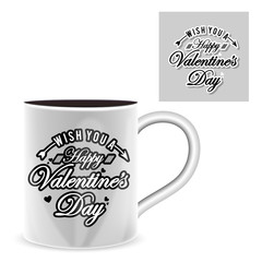 Happy Valentines Day with cup and handwritten lettering.  calligraphic text with red heart on background. Valentines Day holidays typography. Vector.