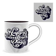 Happy Valentines Day with cup and handwritten lettering.  calligraphic text with red heart on background. Valentines Day holidays typography. Vector.