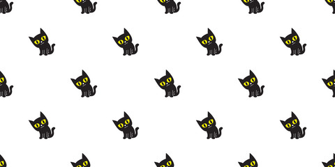 Vector cartoon cute black cat seamless pattern background for design.