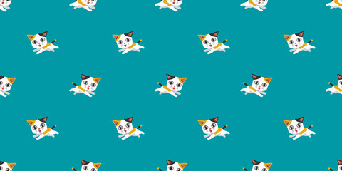 Vector cartoon cute running cat seamless pattern background for design.