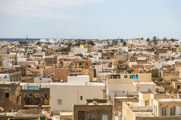 Typical tunisian cityscape. Skyline of Sousse city of Tunisia country. Aerial top view color horizontal photography.