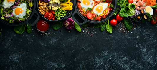 Food. Set of dishes on the table. Traditional cuisines of the world. Top view. Free space for your text.