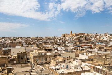 Typical tunisian cityscape. Skyline of Sousse city of Tunisia country. Aerial top view color horizontal photography.