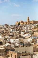 Typical tunisian cityscape. Skyline of Sousse city of Tunisia country. Aerial top view color vertical photography.