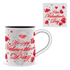 Happy Valentines Day with cup and handwritten lettering.  calligraphic text with red heart on background. Valentines Day holidays typography. Vector.