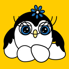 Emoticon with a funny smiling lady penguin who hatches eggs, color vector clip art on a yellow isolated background