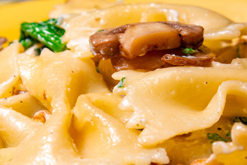 butterfly pasta with fried mushrooms, green spinach