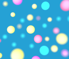 Festive blurred bokeh lights. Abstract blue background with bright yellow gold, pink and turquoise flashlights. Illuminated random circles. Burst of holiday light. Glowing colorful blur. Daylight.