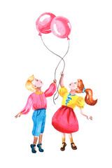 Watercolor sweet couple with balloons. Kids in love for Valentine's day