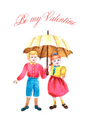 Watercolor sweet couplewith umbrella. Kids in love for Valentine's day