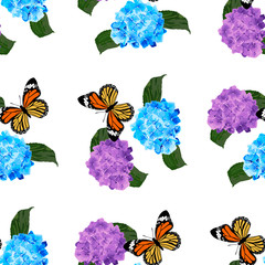 Seamless pattern with  hydrangea flowers and  butterflies.  Background for fabric, textile, print and invitation wedding design. Vector illustration