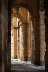 Ancient walls of old architecture. Tunisia. El Djem. Vertical color photography.