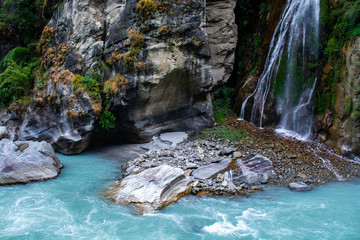 Naklejka na ściany i meble Waterfall on Annapurna Circuit Trekking, Nepal, landscape photo