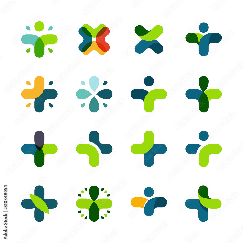Poster vector set of medical logo icons with cross. collection of signs with plus symbol. vector illustrati