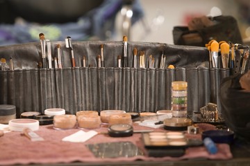 Professional cosmetics brushes on dressing table
