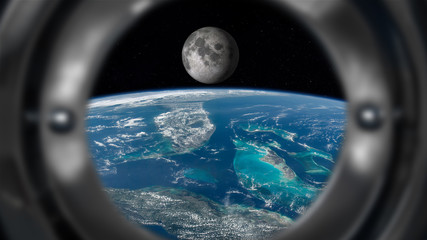 flying over Earth, Moon travel destination illustration, some elements of this image furnished by NASA © mkarco