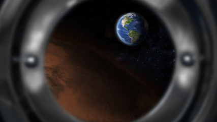 Mars and earth view from the window of the spacecraft illustration, some elements of this image furnished by NASA © mkarco