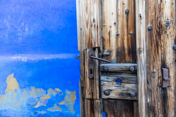 Detail of Old traditional Romanian blue house at the Astra museum in Sibiu, Romania. Astra Museum of Ethnology