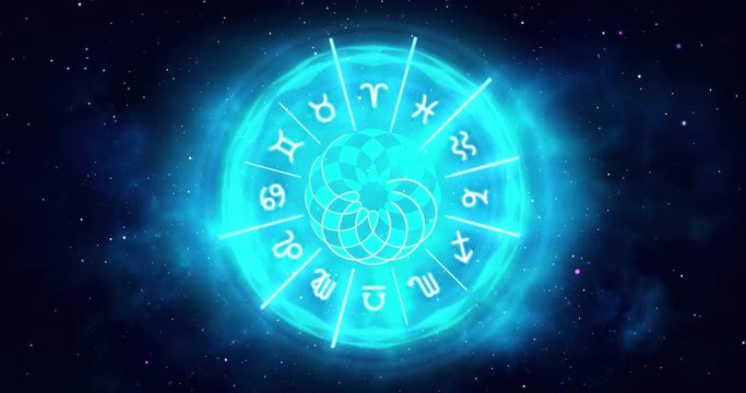 Blue astrological wheel with rotating zodiac symbols and night starry sky. Horoscope background 4k seamless loop animation.	