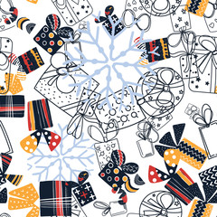 Pattern with christmas gift boxes. Beautiful present box on surface design. Wrapped beautiful scandinavian style gifts
