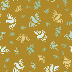 A seamless vector pattern with silhouettes of flying birds on a mustartd yellow background. Surfae print design. Great for fabrics and stationery.