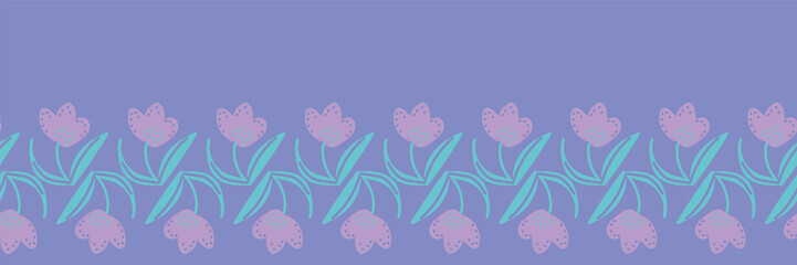 A seamless vector border print with purple crocus flowers. Great embellishment for cards, posters and fabrics. Can be repeated to create striped seamless floral pattern.