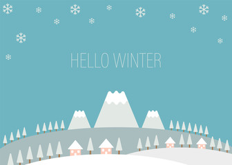 Winter frame of trees,  houses, snowflakes and mountains, vector illustration, Hello Winter