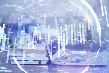 Multi exposure of business theme icons and work space with computer background. Concept of success.